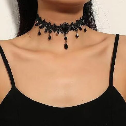 مجموعة إكسسوارات قوطية نسائية - قفازات سوداء من الدانتيل بدون أصابع وقلادة مخملية للهالوين، والحفلات الراقصة، وحفلات العشرينيات والحفلات التنكرية القوطية in Kuwait