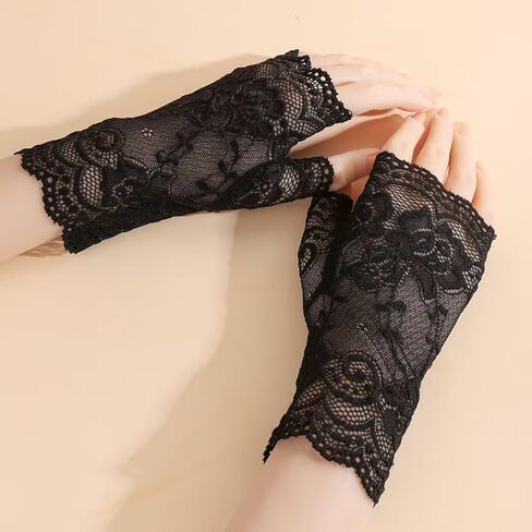 مجموعة إكسسوارات قوطية نسائية - قفازات سوداء من الدانتيل بدون أصابع وقلادة مخملية للهالوين، والحفلات الراقصة، وحفلات العشرينيات والحفلات التنكرية القوطية in Kuwait