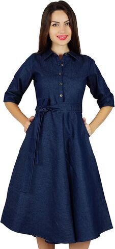 Bimba Womens Blue Denim Chambray Casual Shift Dress Summer Dresses in Kuwait