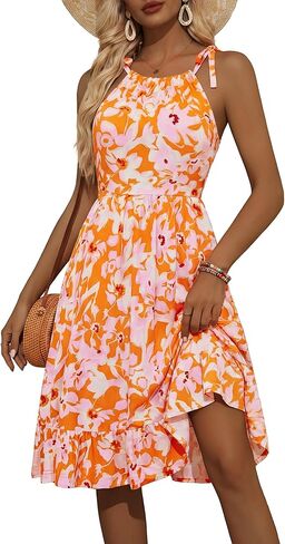 OURIN Women's Spring Summer Halter Neck Spaghetti Tie Strap Sleeveless Floral Sundress Ruffled Flowy Midi Dress in Kuwait