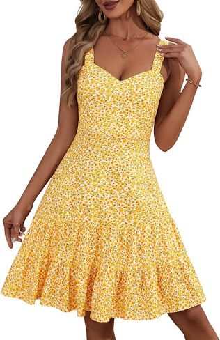 HUHOT فساتين الصيف للنساء 2026 الربيع فستان الشمس فستان بصدر مفتوح لطيف الأزهار عادية ميدي فستان بلا أكمام in Kuwait