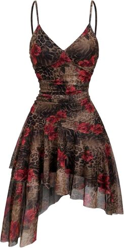Women's Y2k Mini Dress Leopard Floral Spaghetti Strap Short Dress Cheetah Mesh Ruffle Asymmetrical Vacation Dresses in Saudi Arabia