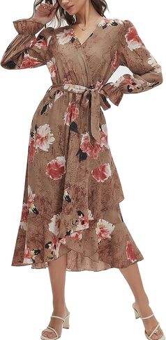 فستان نسائي بوهيمي زهري بأكمام طويلة ملفوف على شكل حرف V مكشكش طويل ماكسي كاجوال برباط خصر بوهو غير متماثل فساتين العطلات in Kuwait