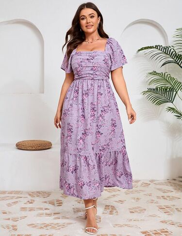 Women Plus Size Dress Short Sleeve Floral Maxi Dress Square Neck Ruffle Smocked Pleated Dresses in Saudi Arabia