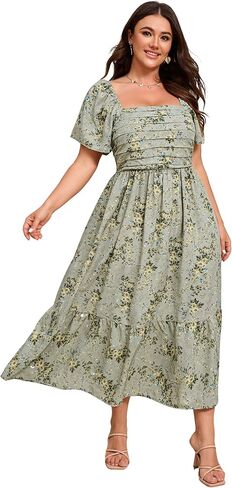 Women Plus Size Dress Short Sleeve Floral Maxi Dress Square Neck Ruffle Smocked Pleated Dresses in Saudi Arabia