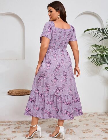 Women Plus Size Dress Short Sleeve Floral Maxi Dress Square Neck Ruffle Smocked Pleated Dresses in Saudi Arabia