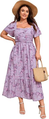 Women Plus Size Dress Short Sleeve Floral Maxi Dress Square Neck Ruffle Smocked Pleated Dresses in Saudi Arabia