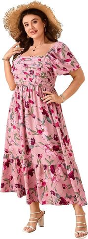Women Plus Size Dress Short Sleeve Floral Maxi Dress Square Neck Ruffle Smocked Pleated Dresses in Saudi Arabia