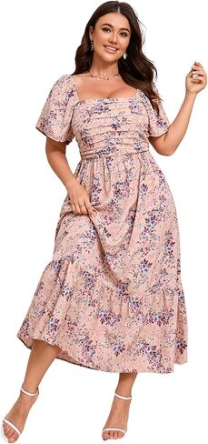 Women Plus Size Dress Short Sleeve Floral Maxi Dress Square Neck Ruffle Smocked Pleated Dresses in Saudi Arabia