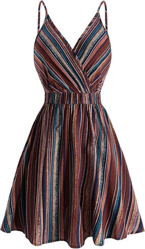 Women's Boho Striped Wrap Mini Dress Summer Deep V Neck Sleeveless A Line Flowy Dresses Beach Vacation Clothes in Saudi Arabia