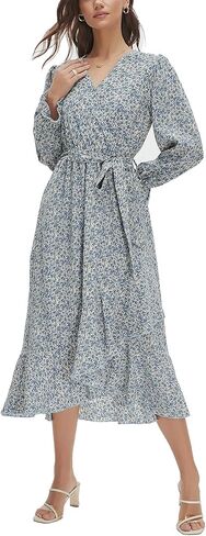 Women's Floral Bohemian Dress Long Sleeve Wrap V Neck Ruffle Flowy Maxi Casual Tie Waist Boho Asymmetrical Vacation Dresses in Kuwait