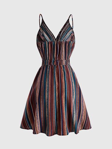 Women's Boho Striped Wrap Mini Dress Summer Deep V Neck Sleeveless A Line Flowy Dresses Beach Vacation Clothes in Saudi Arabia