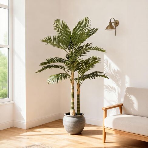 5FT Faux Golden Palm Tree in Black Pot, No-Maintenance Artificial Areca Palm for Balcony & Patio, Compact Tropical Greenery for Small Spaces, Home Office Decor, UV-Resistant in Saudi Arabia