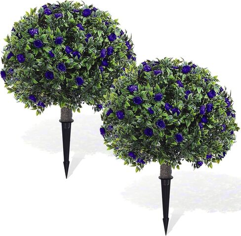 Yunlly 2 Pack Artificial Boxwood Topiary Ball Tree with Faux Rose Bush 18 Inch Outdoor Faux Topiary Shrub with Ground Spike, UV Resistance Fake Plant for Garden Porch Patio Indoor (Yellow) in Saudi Arabia