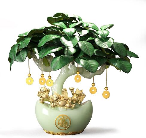 13.8" Chinese Money Tree with Synthetic Jade Base - Large Artificial Tree Feng Shui Wealth Decor with Golden Fortune Cat, Yuanbao Flower Pot & Coin Pendant, for Home & Office Decoration in Saudi Arabia