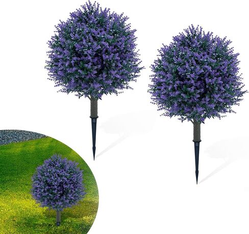 2 Pack 23.6 inch Artificial Lavender Trees, UV Resistant Indoor Outdoor Plants, Ground Stakes Fake Bush for Front Door Porch Garden Deocr (Lavender Tree) in Saudi Arabia