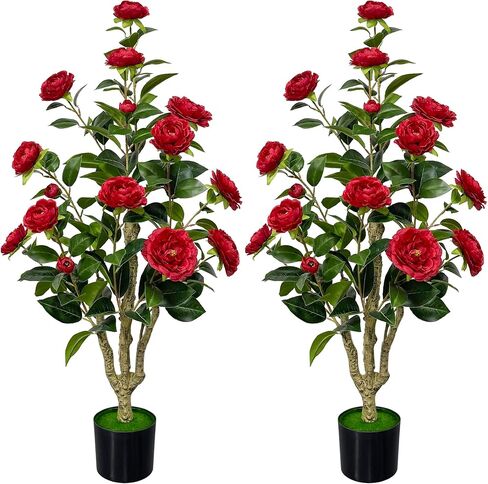 4Ft Artificial Camellia Tree 1 Pack Artificial Plants with Red Flower Pots Faux Camellia Plant for Indoor Outdoor Front Door Patio Christmas Home Decor in Kuwait