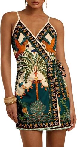 Women's Summer Boho Mini Dress Tropical Print Cami Dresses Wrap V Neck Tie Knot Vacation Beach Short Sundress in Kuwait