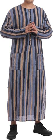 IWEMEK Muslim Thobe for Men Striped Kaftan Thobe with Pockets Saudi Arabic Robe Button up Dubai Abaya Caftan Ramadan Clothes in Saudi Arabia