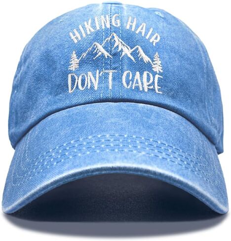 Hiking Hair Don't Care Embroidery Baseball Hats, Adjustable Washed Distressed Sky Blue Ball Cap, Hiking Cap Gifts for Adventure Camping Hiker Lover, Funny Sun Shade Sports Hat for Women Men in Kuwait