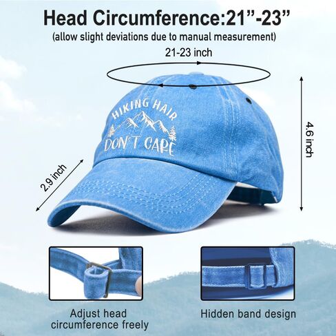 Hiking Hair Don't Care Embroidery Baseball Hats, Adjustable Washed Distressed Sky Blue Ball Cap, Hiking Cap Gifts for Adventure Camping Hiker Lover, Funny Sun Shade Sports Hat for Women Men in Kuwait