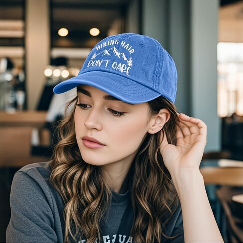 Hiking Hair Don't Care Embroidery Baseball Hats, Adjustable Washed Distressed Sky Blue Ball Cap, Hiking Cap Gifts for Adventure Camping Hiker Lover, Funny Sun Shade Sports Hat for Women Men in Kuwait