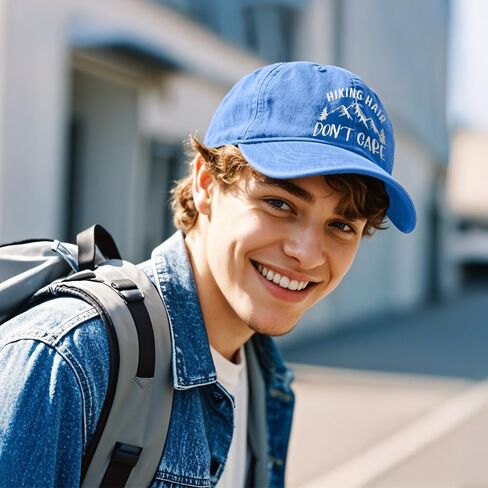 Hiking Hair Don't Care Embroidery Baseball Hats, Adjustable Washed Distressed Sky Blue Ball Cap, Hiking Cap Gifts for Adventure Camping Hiker Lover, Funny Sun Shade Sports Hat for Women Men in Kuwait