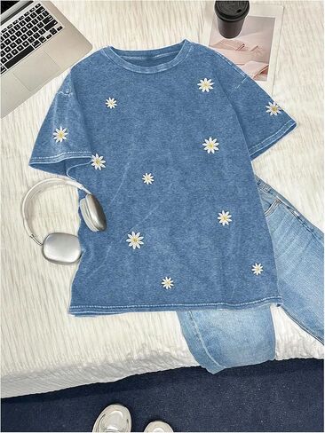 WDIRARA Women's Plus Size Floral Embroidery T Shirts Short Sleeve Crew Neck Tee Vintage Tops in Saudi Arabia