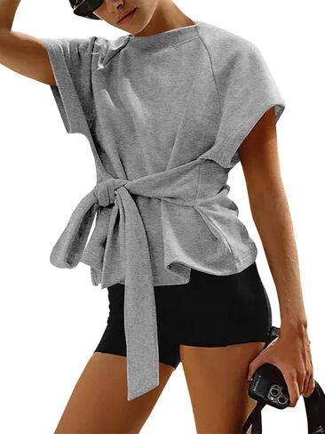 Fisoew Womens Summer Short Sleeves Tee Tops Crewneck Sweatshirt Tie Front Casual 2026 Trendy Fashion T Shirt in Saudi Arabia