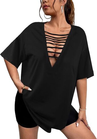 Remidoo Womens Tie صبغة كبيرة الحجم t قميص مثير قطع الأكمام قصيرة V الرقبة تي شيرت in Kuwait