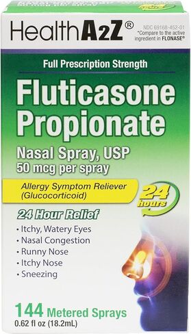 HealthA2Z® Fluticasone Propionate Nasal Spray | 50 mcg per Spray | 24 Hour Allergy Relief | 144 Sprays | 0.62 fl oz. (18.2mL) | Relief from Nasal Congestion | Runny Nose | Sneezing in Kuwait