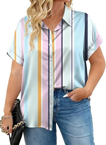VISLILY Plus-Size-Summer-Tops for Women Trendy Collared V Neck Shirts Casual Oversized Short Sleeve Button Down Blouses 1X-5X in Saudi Arabia