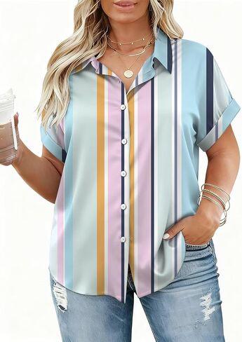 VISLILY Plus-Size-Summer-Tops for Women Trendy Collared V Neck Shirts Casual Oversized Short Sleeve Button Down Blouses 1X-5X in Saudi Arabia