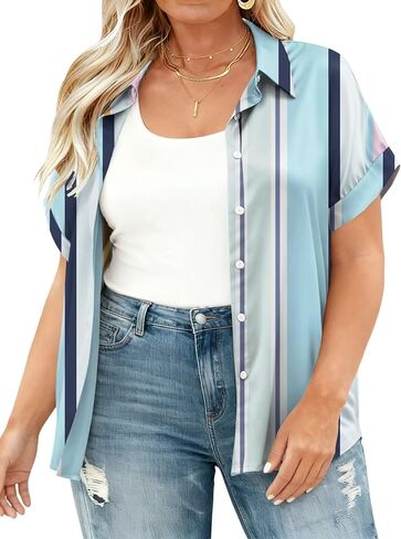 VISLILY Plus-Size-Summer-Tops for Women Trendy Collared V Neck Shirts Casual Oversized Short Sleeve Button Down Blouses 1X-5X in Saudi Arabia