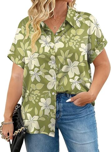 VISLILY Plus-Size-Summer-Tops for Women Trendy Collared V Neck Shirts Casual Oversized Short Sleeve Button Down Blouses 1X-5X in Saudi Arabia