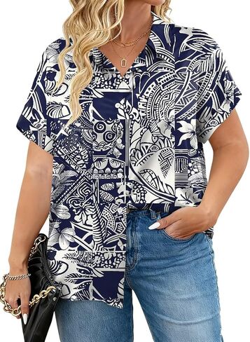 VISLILY Plus-Size-Summer-Tops for Women Trendy Collared V Neck Shirts Casual Oversized Short Sleeve Button Down Blouses 1X-5X in Saudi Arabia