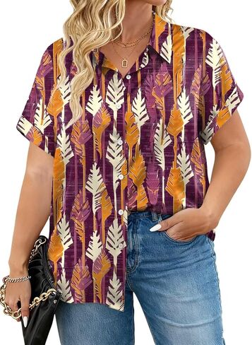 VISLILY Plus-Size-Summer-Tops for Women Trendy Collared V Neck Shirts Casual Oversized Short Sleeve Button Down Blouses 1X-5X in Saudi Arabia