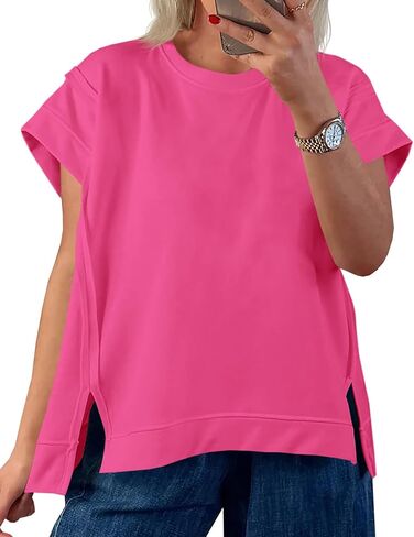 Tankaneo Womens Oversized Short Cap Sleeve T-Shirts Crew Neck Side Slit Tops Summer Casual Loose Fit Tees Tunic Shirts in Saudi Arabia