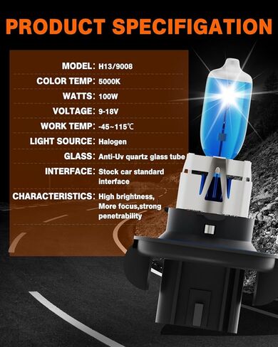 H13/9008 Halogen Headlight/Fog Light 12V 100W White 5000K High/Low Beam Super Bright, 2 pack in Kuwait