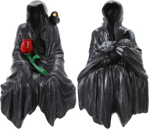 2 قطعة تمثال ريبر القوطية مجهول الهوية ديكور الجلوس تمثال مع الورد والقط للهالوين المنزل منضدية رف الكتب ديكور الشكل in Kuwait