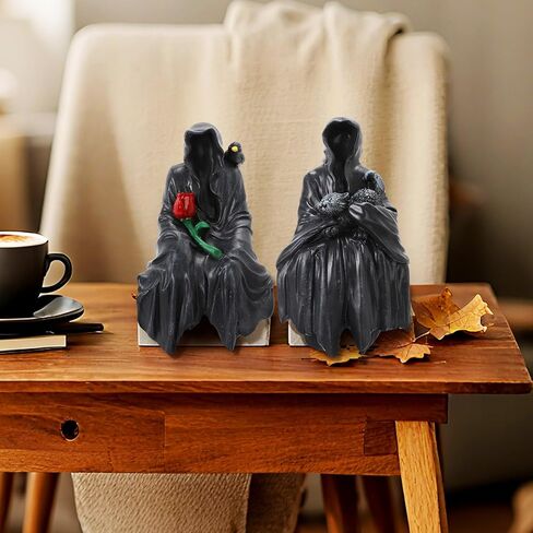 2 قطعة تمثال ريبر القوطية مجهول الهوية ديكور الجلوس تمثال مع الورد والقط للهالوين المنزل منضدية رف الكتب ديكور الشكل in Kuwait