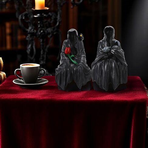 2 قطعة تمثال ريبر القوطية مجهول الهوية ديكور الجلوس تمثال مع الورد والقط للهالوين المنزل منضدية رف الكتب ديكور الشكل in Kuwait