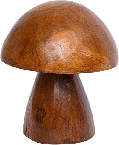 Handmade Teak Wood Mushroom Decor Statue, Rustic Wooden Sculpture Accent for Living Room, Boho Tabletop Figurine, Natural Solid Wood Home Decoration for Indoor in Kuwait