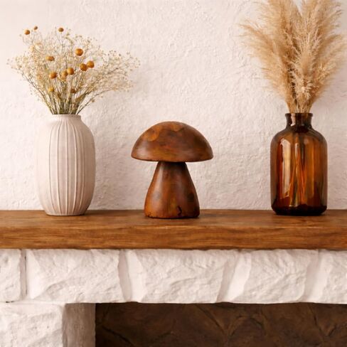 Handmade Teak Wood Mushroom Decor Statue, Rustic Wooden Sculpture Accent for Living Room, Boho Tabletop Figurine, Natural Solid Wood Home Decoration for Indoor in Kuwait