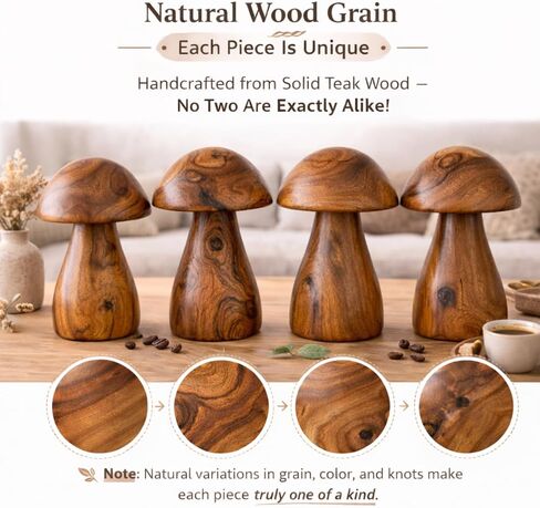 Handmade Teak Wood Mushroom Decor Statue, Rustic Wooden Sculpture Accent for Living Room, Boho Tabletop Figurine, Natural Solid Wood Home Decoration for Indoor in Kuwait