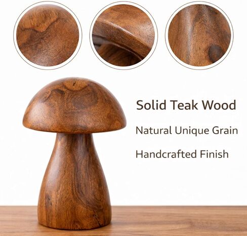 Handmade Teak Wood Mushroom Decor Statue, Rustic Wooden Sculpture Accent for Living Room, Boho Tabletop Figurine, Natural Solid Wood Home Decoration for Indoor in Kuwait