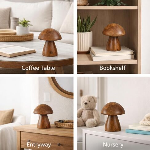 Handmade Teak Wood Mushroom Decor Statue, Rustic Wooden Sculpture Accent for Living Room, Boho Tabletop Figurine, Natural Solid Wood Home Decoration for Indoor in Kuwait