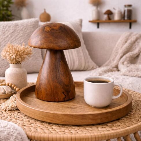 Handmade Teak Wood Mushroom Decor Statue, Rustic Wooden Sculpture Accent for Living Room, Boho Tabletop Figurine, Natural Solid Wood Home Decoration for Indoor in Kuwait