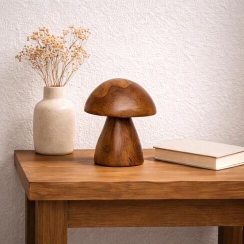 Handmade Teak Wood Mushroom Decor Statue, Rustic Wooden Sculpture Accent for Living Room, Boho Tabletop Figurine, Natural Solid Wood Home Decoration for Indoor in Kuwait