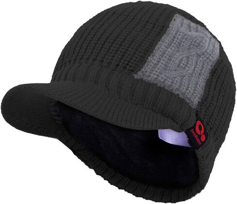 Winter Patch Work Visor Beanie Brimmed Baseball Cap Fleece Lined Knitted Billed Hat in Kuwait